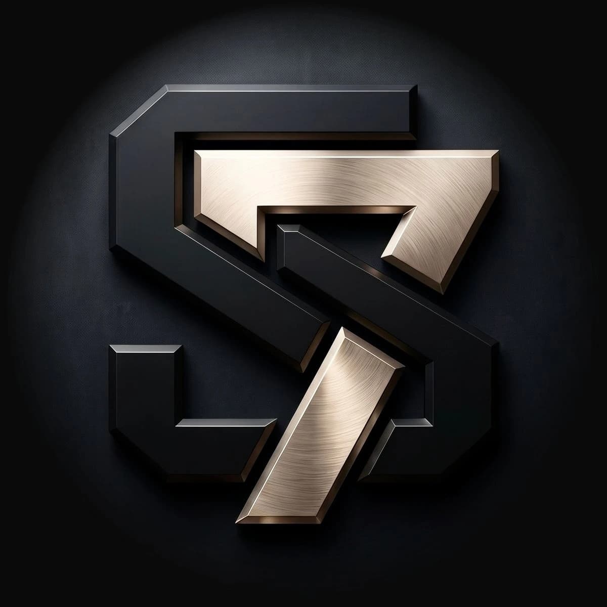 Logo de 7Labs: una S geométrica en negro mate con acentos de metal dorado cepillado